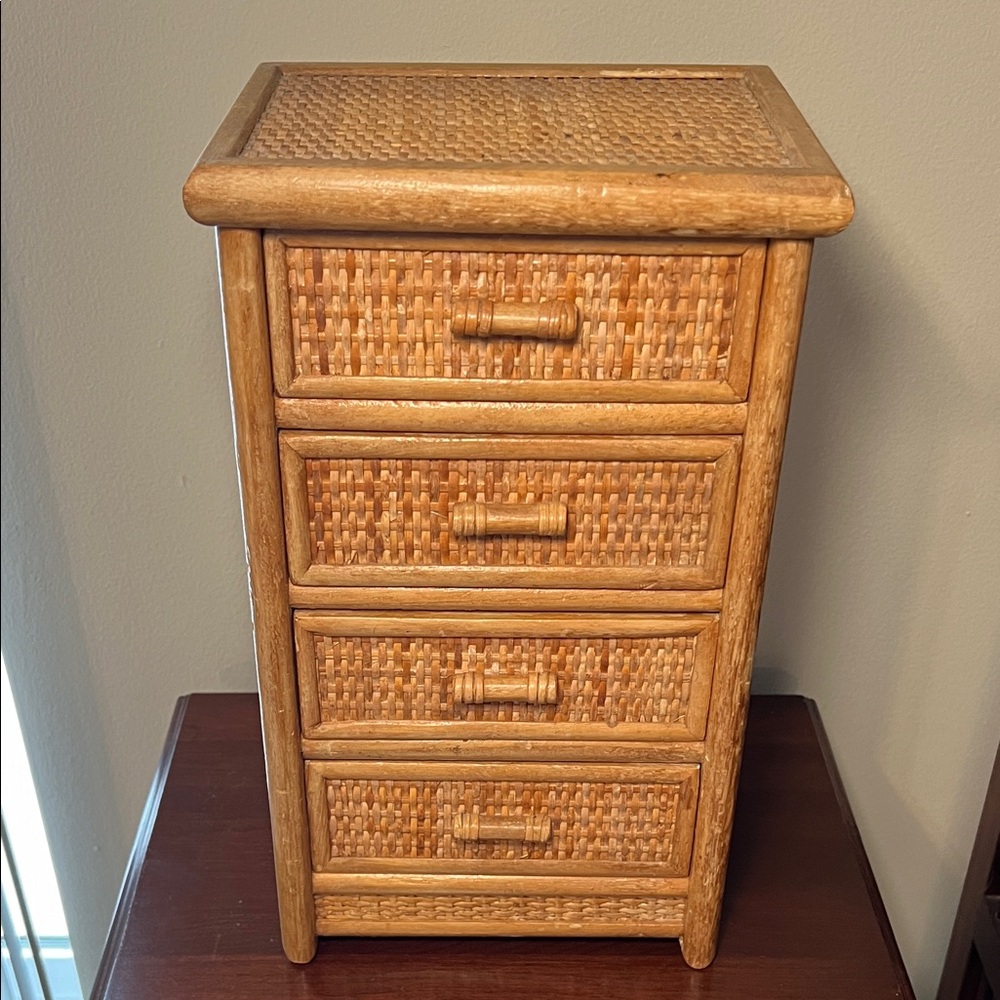 Vintage MCM 1970s Bamboo Rattan Wicker  Boho 4 Drawer Storage Chest Jewelry Box